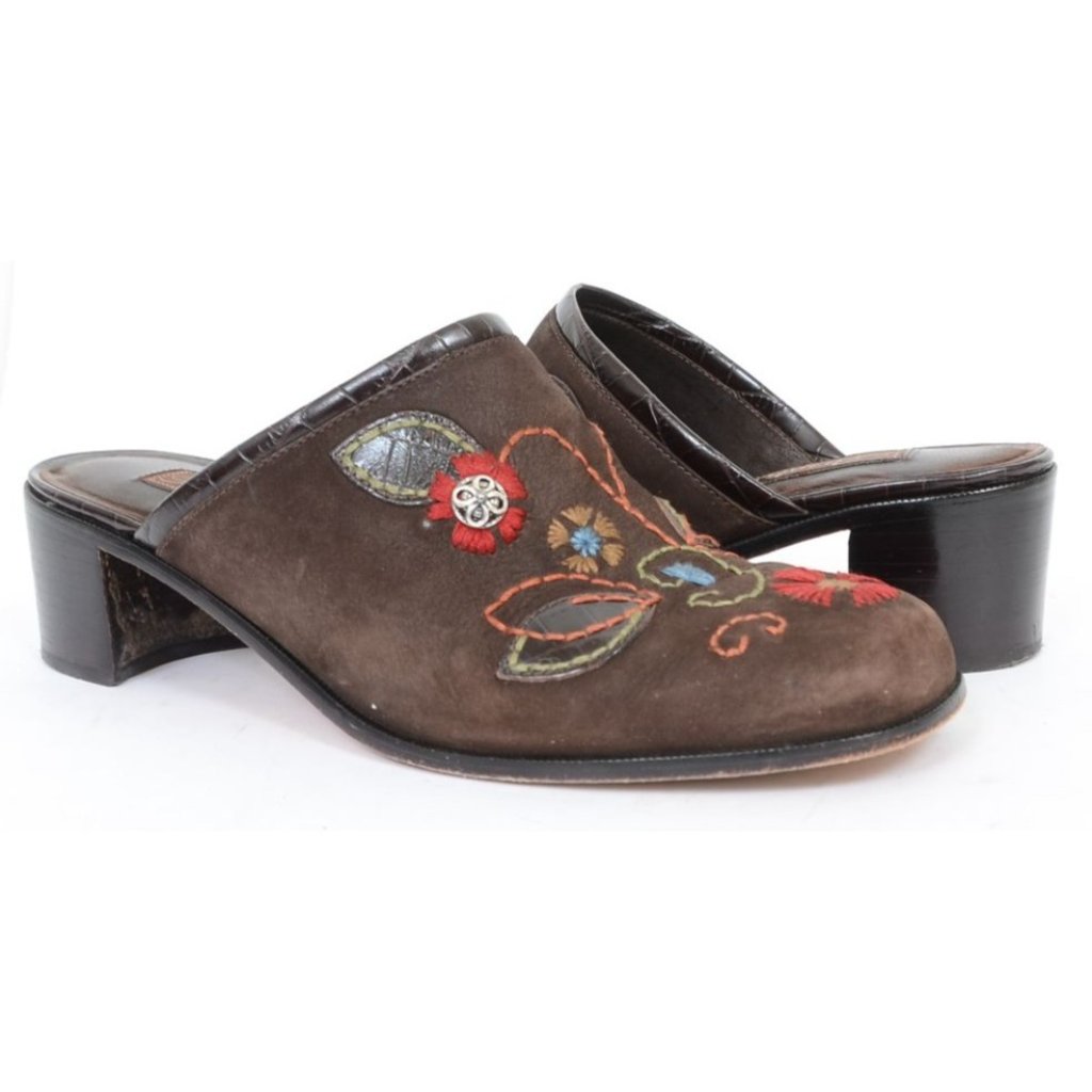 Brighton Fiona Women 8 Brown Suede Colorful Flowers Slide Mules Western Festival — image 5 of 8